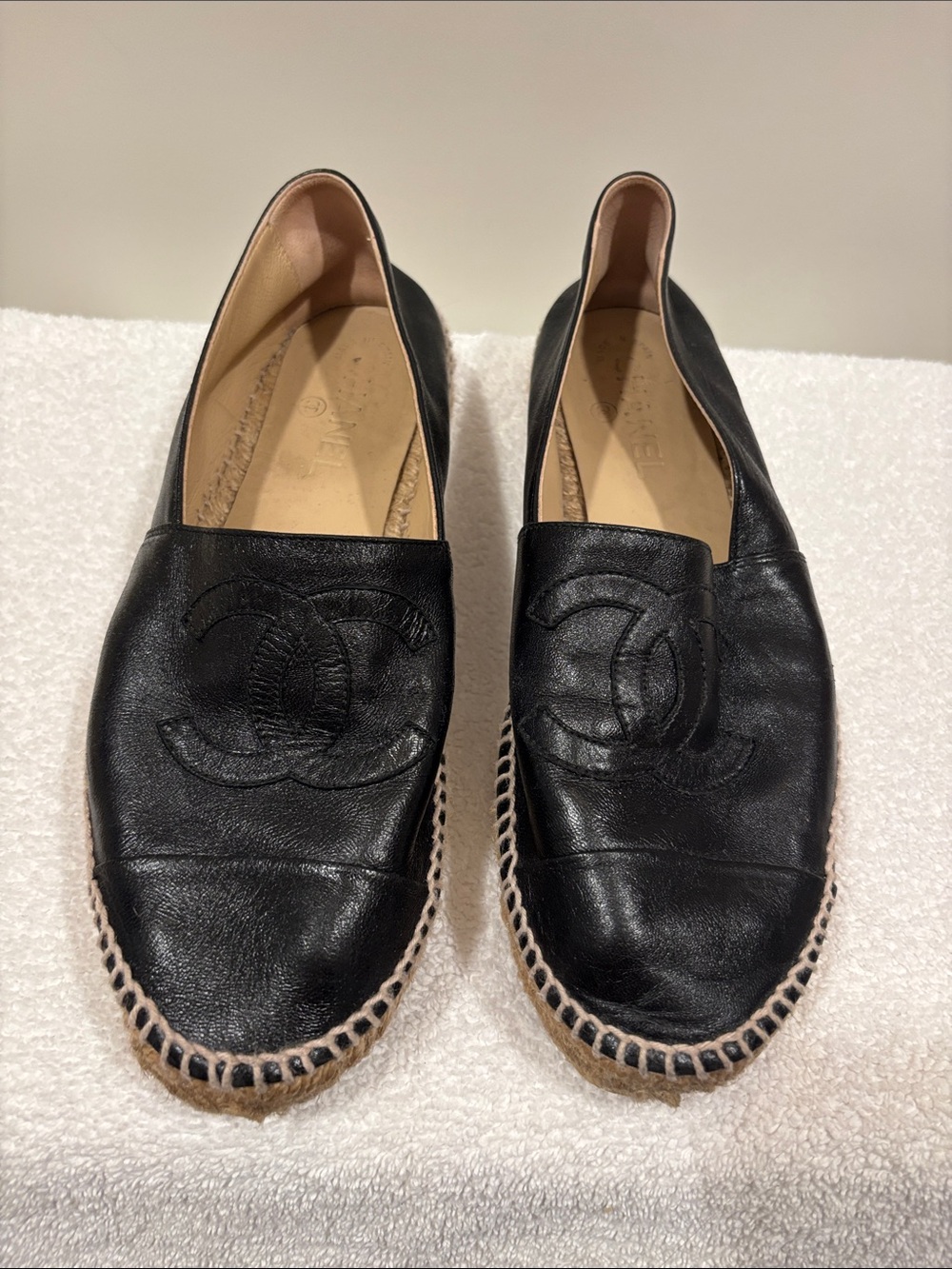 CHANEL Black Leather Espadrilles with Embossed CC